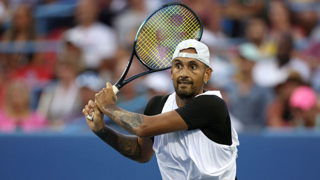 WASHINGTON, DC - AUGUST 02: Nick Kyrgios of Australia plays a shot against Marcos Giron of the United States during Day 4 of the Citi Open at Rock Creek Tennis Center on August 02, 2022 in Washington, DC.