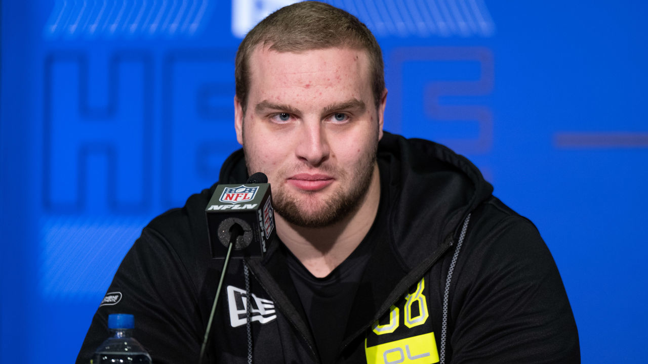 INDIANAPOLIS, IN - MARCH 03: Northern Iowa offensive lineman Trevor Penning answers questions from the media during the NFL Scouting Combine on March 3, 2022, at the Indiana Convention Center in Indianapolis, IN.