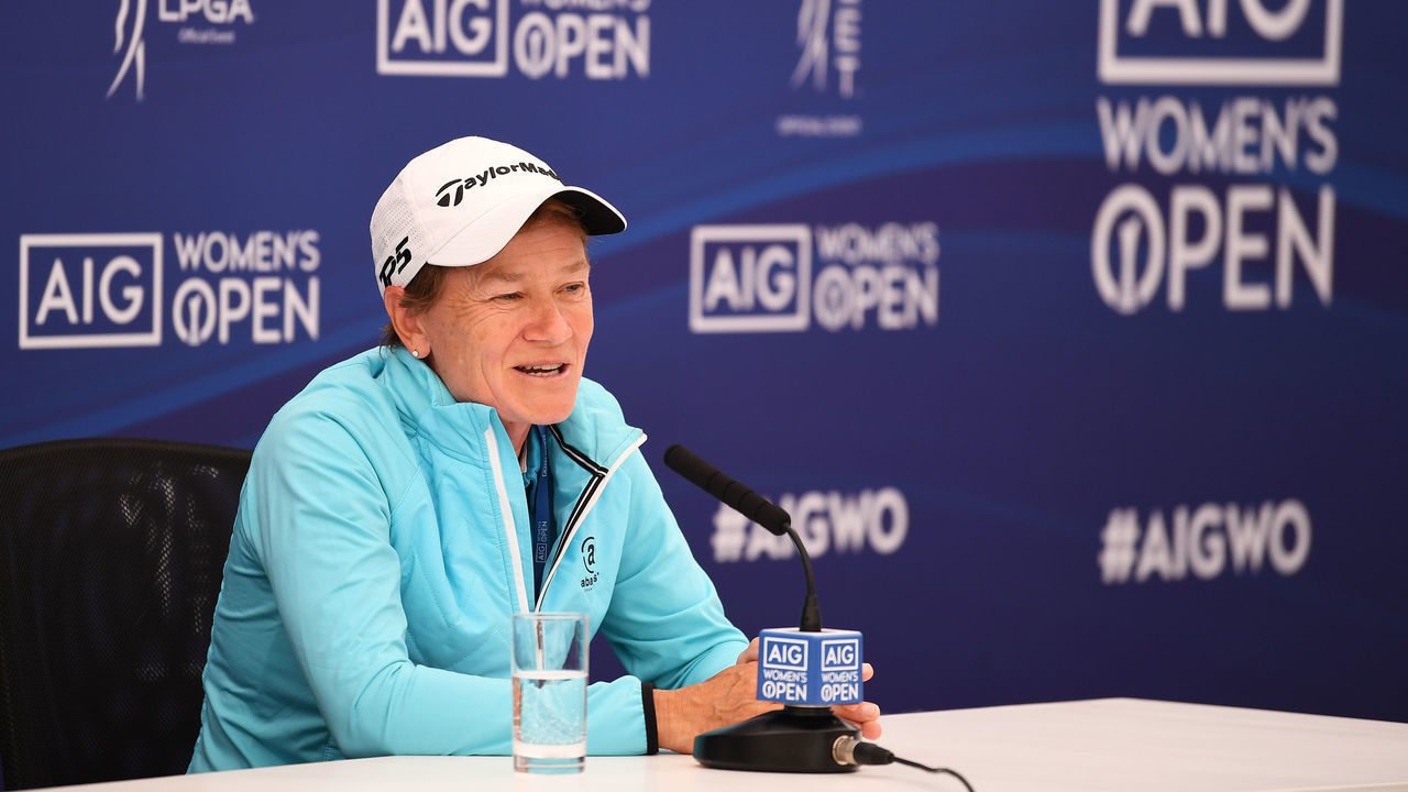 GULLANE, SCOTLAND - AUGUST 02: Catriona Matthew of Scotland speaks in a press conference during a practice round prior to the AIG Women's Open at Muirfield on August 02, 2022 in Gullane, Scotland.
