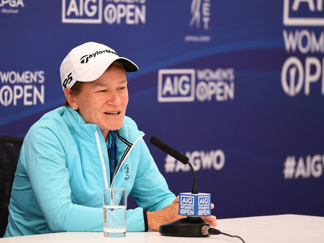 GULLANE, SCOTLAND - AUGUST 02: Catriona Matthew of Scotland speaks in a press conference during a practice round prior to the AIG Women's Open at Muirfield on August 02, 2022 in Gullane, Scotland.