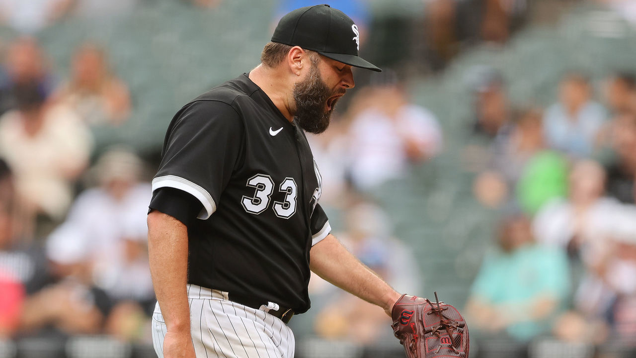 CHICAGO, ILLINOIS - AUGUST 03: Lance Lynn #33 of the Chicago White Sox reacts after the third out against the Kansas City Royals during the sixth inning at Guaranteed Rate Field on August 03, 2022 in Chicago, Illinois.