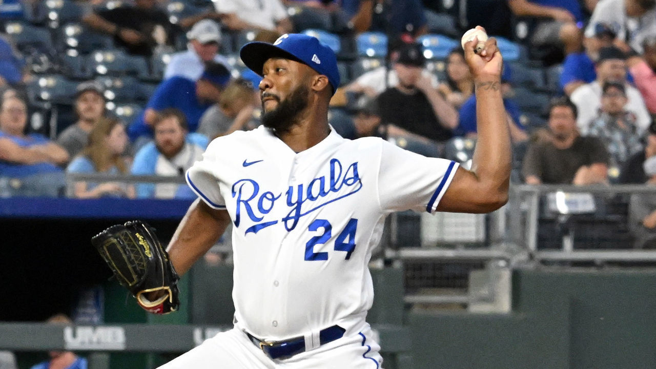 KANSAS CITY, MO - JULY 12: Kansas City Royals pitcher Amir Garrett (24) pitches in relief during a MLB game between the Detroit Tigers and the Kansas City Royals on July 12, 2022, at Kauffman Stadium, Kansas City, MO. Photo by Keith Gillett/Icon Sportswire via Getty Images),