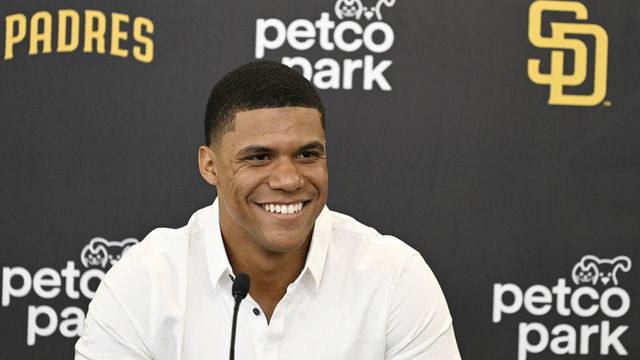 SAN DIEGO, CA - AUGUST 3: Juan Soto #22 of the San Diego Padres listens to a question during a news conference held to introduce him to the team August 3, 2022 at Petco Park in San Diego, California.