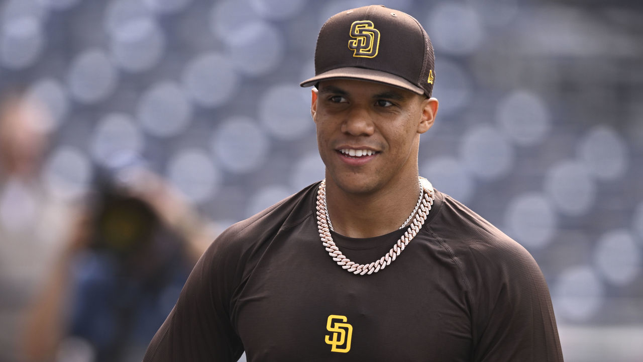 SAN DIEGO, CA - AUGUST 3: Juan Soto #22 of the San Diego Padres takes batting practice before a game against the Colorado Rockies August 3, 2022 at Petco Park in San Diego, California. Soto and Josh Bell were acquired by Padres from the Washington Nationals in a deal announced yesterday that sends a slew of prospects and veteran Luke Voit to the Nationals.