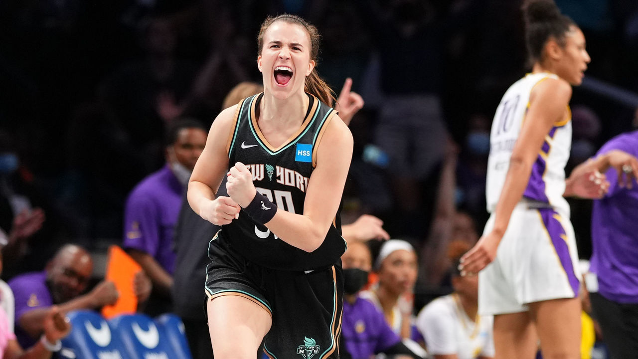 BROOKLYN, NY - AUGUST 3: Sabrina Ionescu #20 of the New York Liberty reacts to a play during the game against the Los Angeles Sparks on August 3, 2022 at the Barclays Center in Brooklyn, New York. Mandatory Copyright Notice: Copyright 2022 NBAE