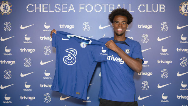 COBHAM, ENGLAND - AUGUST 04: Chelsea Unveil New Signing Carney Chukwuemeka at Chelsea Training Ground on August 4, 2022 in Cobham, England.