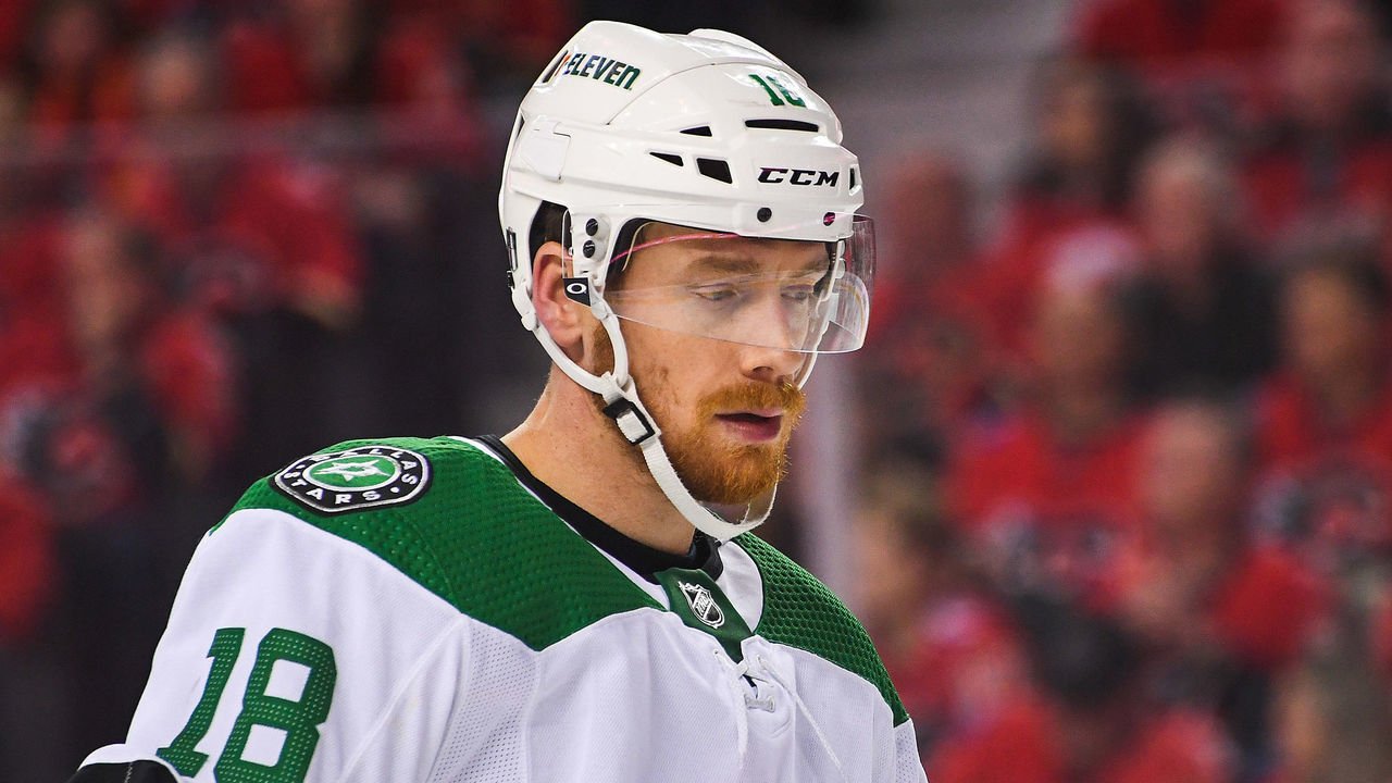 CALGARY, AB - MAY 15: Michael Raffl #18 of the Dallas Stars in action against the Calgary Flames during Game Seven of the First Round of the 2022 Stanley Cup Playoffs at Scotiabank Saddledome on May 15, 2022 in Calgary, Alberta, Canada. The Flames defeated the Stars 3-2 in overtime.