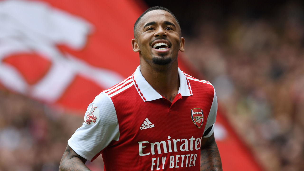 LONDON, ENGLAND - JULY 30: Gabriel Jesus celebrates scoring the 2nd Arsenal goal during the Emirates Cup match between Arsenal and Seville at Emirates Stadium on July 30, 2022 in London, England.