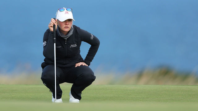 GULLANE, SCOTLAND - AUGUST 04: Jessica Korda of the United States lines up a putt on the fifth green during Day One of the AIG Women's Open at Muirfield on August 04, 2022 in Gullane, Scotland.