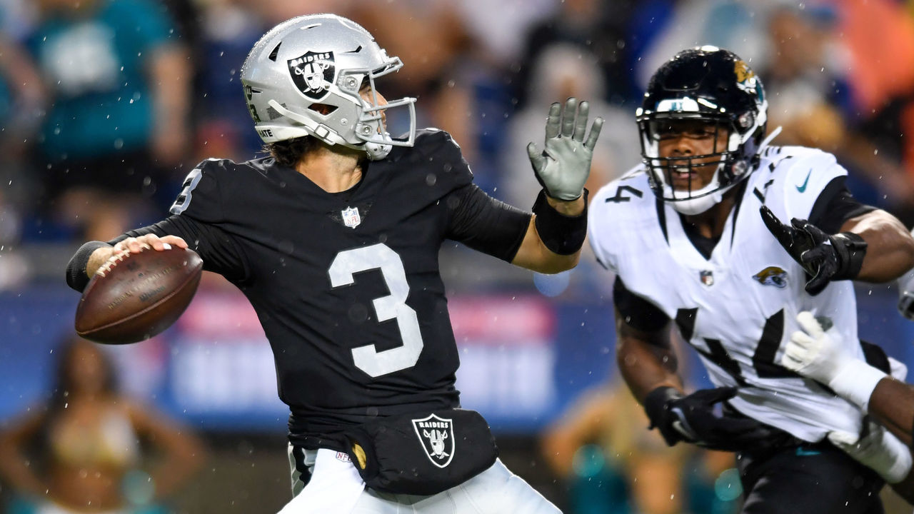 CANTON, OHIO - AUGUST 04: Jarrett Stidham #3 of the Las Vegas Raiders throws a pass during the first half of the 2022 Pro Hall of Fame Game against the Jacksonville Jaguars at Tom Benson Hall Of Fame Stadium on August 04, 2022 in Canton, Ohio.