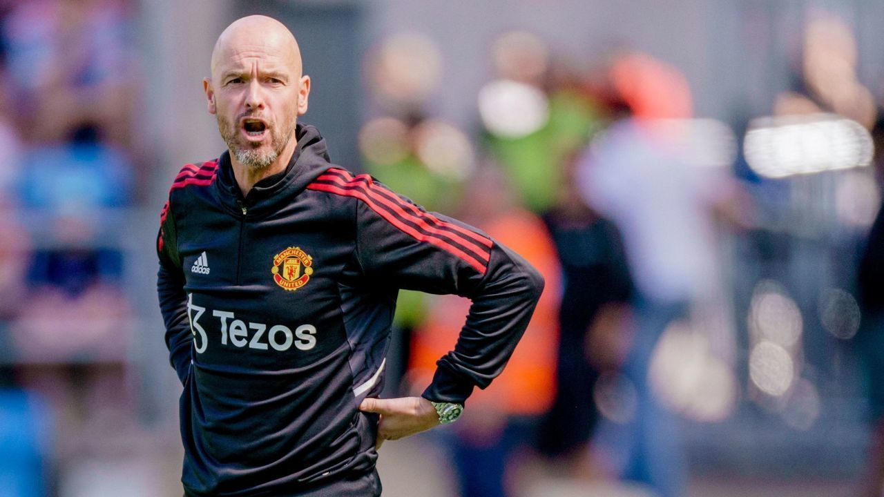 Manchester United's Dutch head coach Erik ten Hag reacts during the football friendly match between Atletico Madrid and Manchester United at the Ullevaal stadium in Olso, Norway, on July 30, 2022. - - Norway OUT