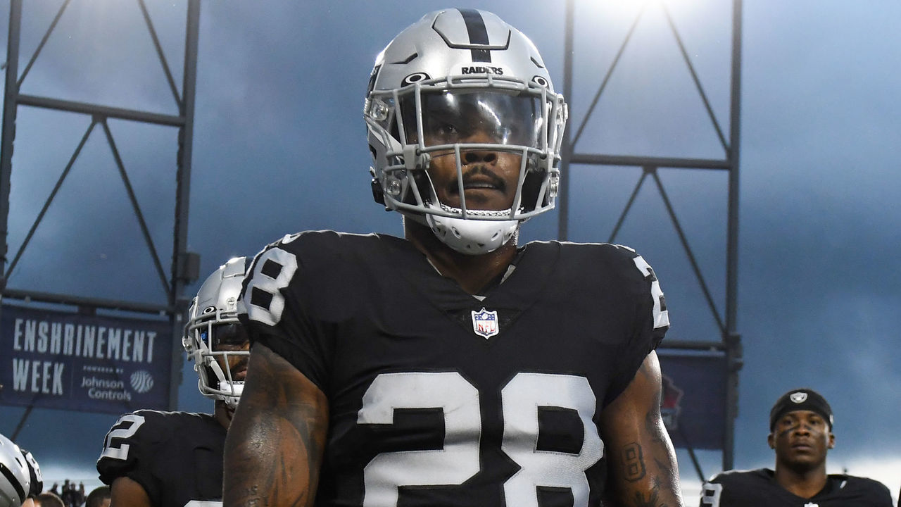 CANTON, OHIO - AUGUST 04: Josh Jacobs #28 of the Las Vegas Raiders walks off the field after severe weather delays the start of the 2022 Pro Hall of Fame Game against the at Tom Benson Hall of Fame Stadium on August 04, 2022 in Canton, Ohio.