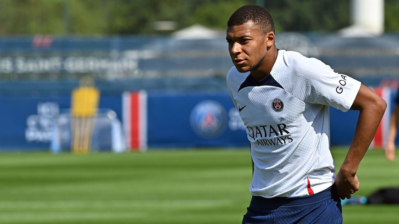 PARIS, FRANCE - JULY 27: Kylian Mbappe looks on during the training of Paris Saint-Germain on July 27, 2022 in Paris, France.
