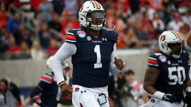 BIRMINGHAM, AL - DECEMBER 28: Auburn Tigers quarterback TJ Finley (1) during the TicketSmarter Birmingham Bowl between the Houston Cougars and the Auburn Tigers on December 28, 2021 at Protective Stadium in Birmingham, Alabama.