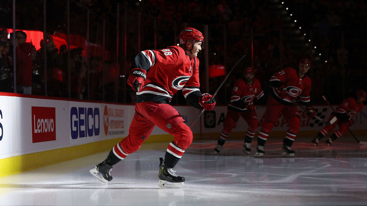 RALEIGH, NC - APRIL 28: Martin Necas #88 of the Carolina Hurricanes of the New Jersey Devils during an NHL game on April 28, 2022 at PNC Arena in Raleigh, North Carolina.
