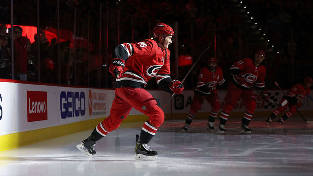 RALEIGH, NC - APRIL 28: Martin Necas #88 of the Carolina Hurricanes of the New Jersey Devils during an NHL game on April 28, 2022 at PNC Arena in Raleigh, North Carolina.