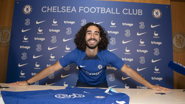 COBHAM, ENGLAND - AUGUST 05: Marc Cucurella of Chelsea during his unveiling at Chelsea Training Ground on August 5, 2022 in Cobham, England.