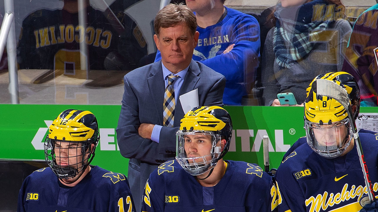 DETROIT, MI - DECEMBER 31: Head Coach Mel Pearson of the Michigan Wolverines watches the action from the bench during the championship game against the Michigan Tech Huskies during the Great Lakes Invitational Hockey Tournament on day two at Little Caesars Arena on December 31, 2019 in Detroit, Michigan.