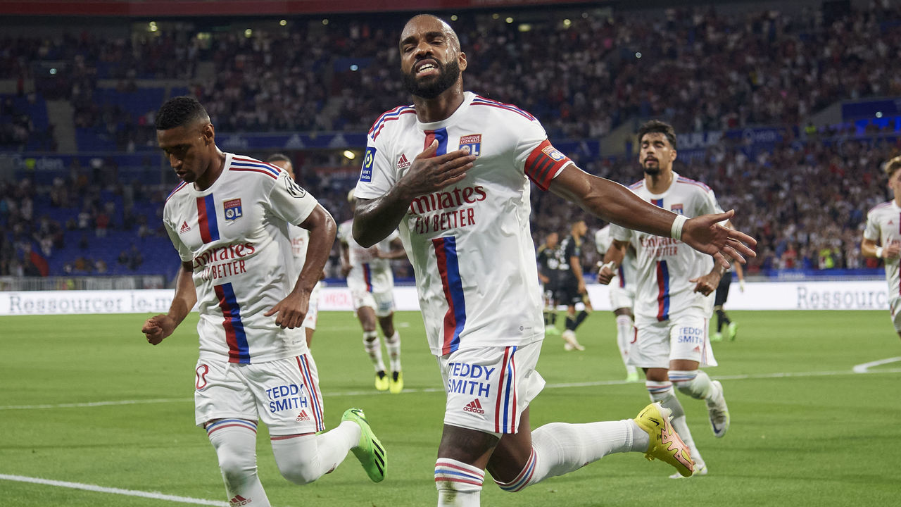 Alexandre Lacazette of Olympique Lyonnais celebrates after scoring his sides first goal during the Ligue 1 match between Olympique Lyonnais and AC Ajaccio at Groupama Stadium on August 5, 2022 in Lyon, France.