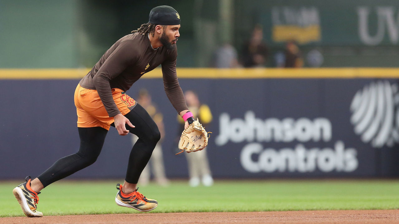 MILWAUKEE, WI - JUNE 04: San Diego Padres shortstop Fernando Tatis Jr. (23) takes infield prior to a game between the Milwaukee Brewers and the San Diego Padres on June 4, 2022 at American Family Field in Milwaukee, WI.