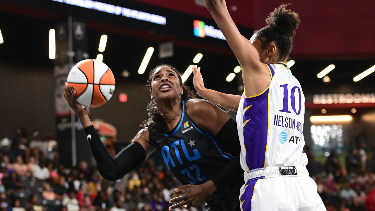 ATLANTA, GA - AUGUST 5: Cheyenne Parker #32 of the Atlanta Dream drives to the basket during the game against the Los Angeles Sparks on August 5, 2022 at Gateway Center Arena in College Park, Georgia. NOTE TO USER: User expressly acknowledges and agrees that, by downloading and/or using this Photograph, user is consenting to the terms and conditions of the Getty Images License Agreement. Mandatory Copyright Notice: Copyright 2022 NBAE