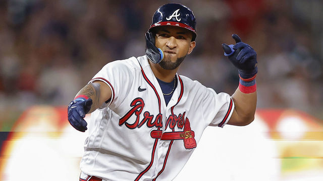 ATLANTA, GA - AUGUST 02: Eddie Rosario #8 of the Atlanta Braves stands at second after an RBI double during the fifth inning against the Philadelphia Phillies at Truist Park on August 2, 2022 in Atlanta, Georgia.