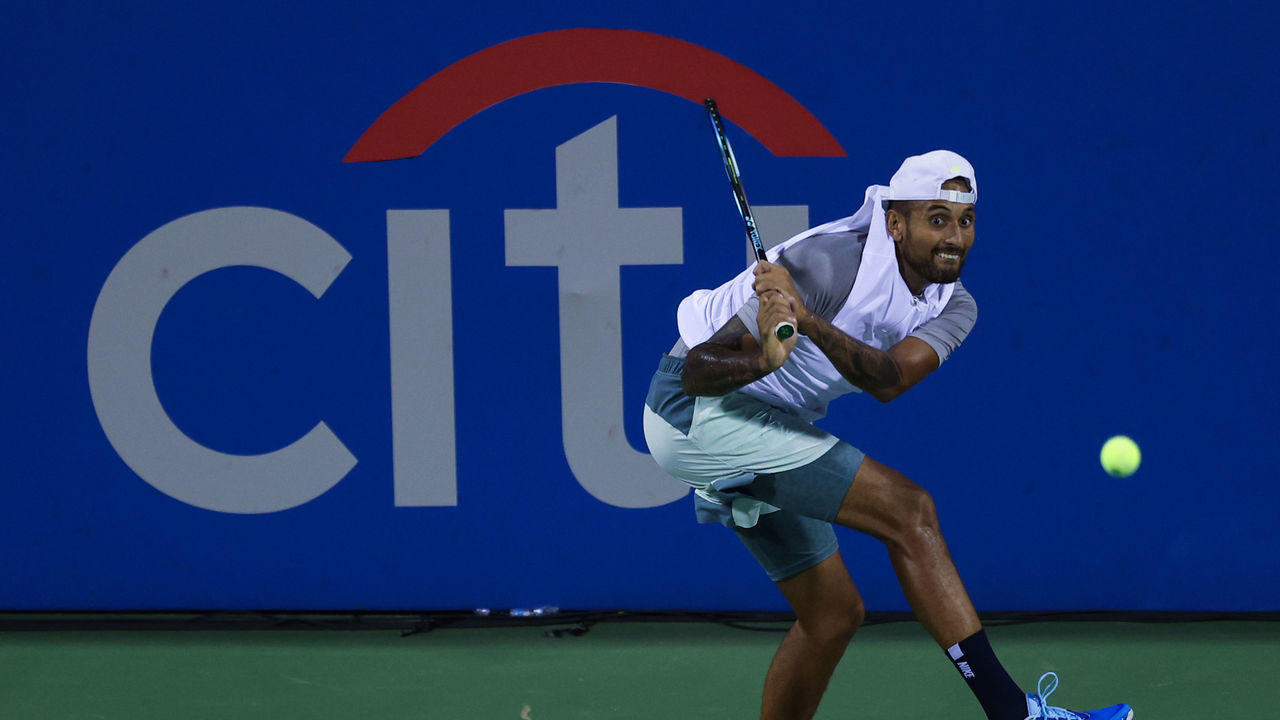 WASHINGTON, DC - AUGUST 04: Nick Kyrgios of Australia plays a shot to Reilly Opelka of the United States during Day 6 of the Citi Open at Rock Creek Tennis Center on August 04, 2022 in Washington, DC.