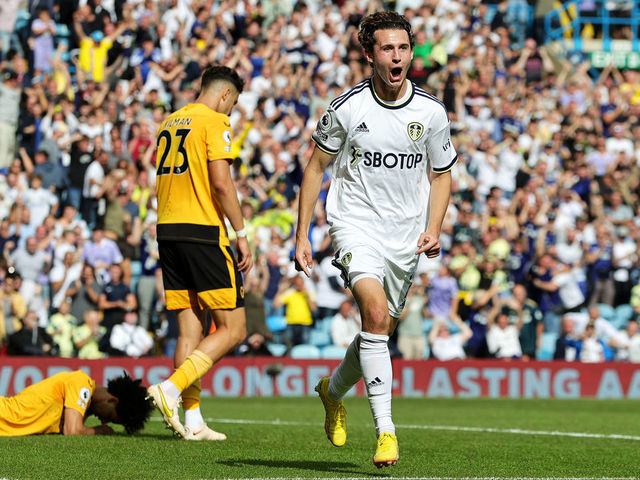 LEEDS, ENGLAND - AUGUST 06: Brenden Aaronson of Leeds United celebrates after scoring their sides second goal during the Premier League match between Leeds United and Wolverhampton Wanderers at Elland Road on August 06, 2022 in Leeds, England.