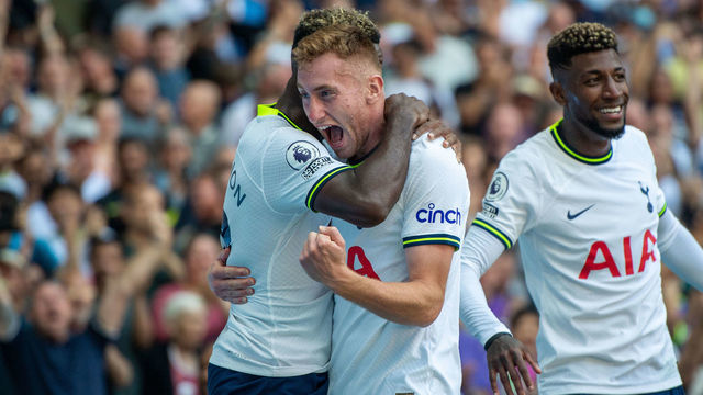 LONDON, ENGLAND - AUGUST 06: Dejan Kulusevski of Tottenham Hotspur celebrates with Ryan Sessegnon and Emerson Royal after scoring the fourth goal during the Premier League match between Tottenham Hotspur and Southampton FC at Tottenham Hotspur Stadium on August 6, 2022 in London, United Kingdom.