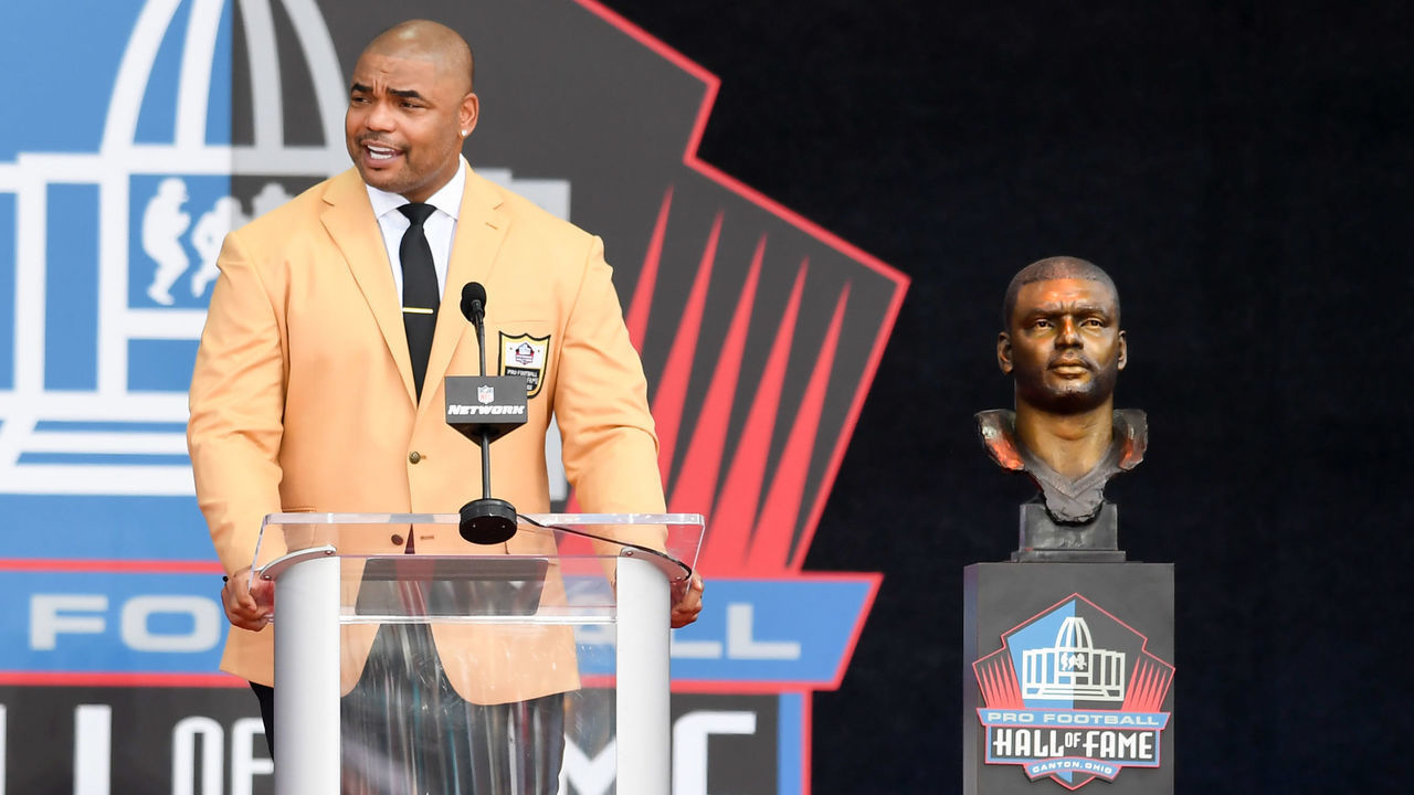 CANTON, OHIO - AUGUST 06: Richard Seymour speaks during the 2022 Pro Hall of Fame Enshrinement Ceremony at Tom Benson Hall of Fame Stadium on August 06, 2022 in Canton, Ohio.