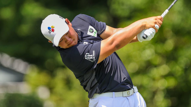 GREENSBORO, NC - AUGUST 05: Joohyung Kim tees off on the 7th hole during round 2 of the Wyndham Championship PGA Tournament on August 5, 2022, at Sedgefield Country Club in Greensboro, NC.