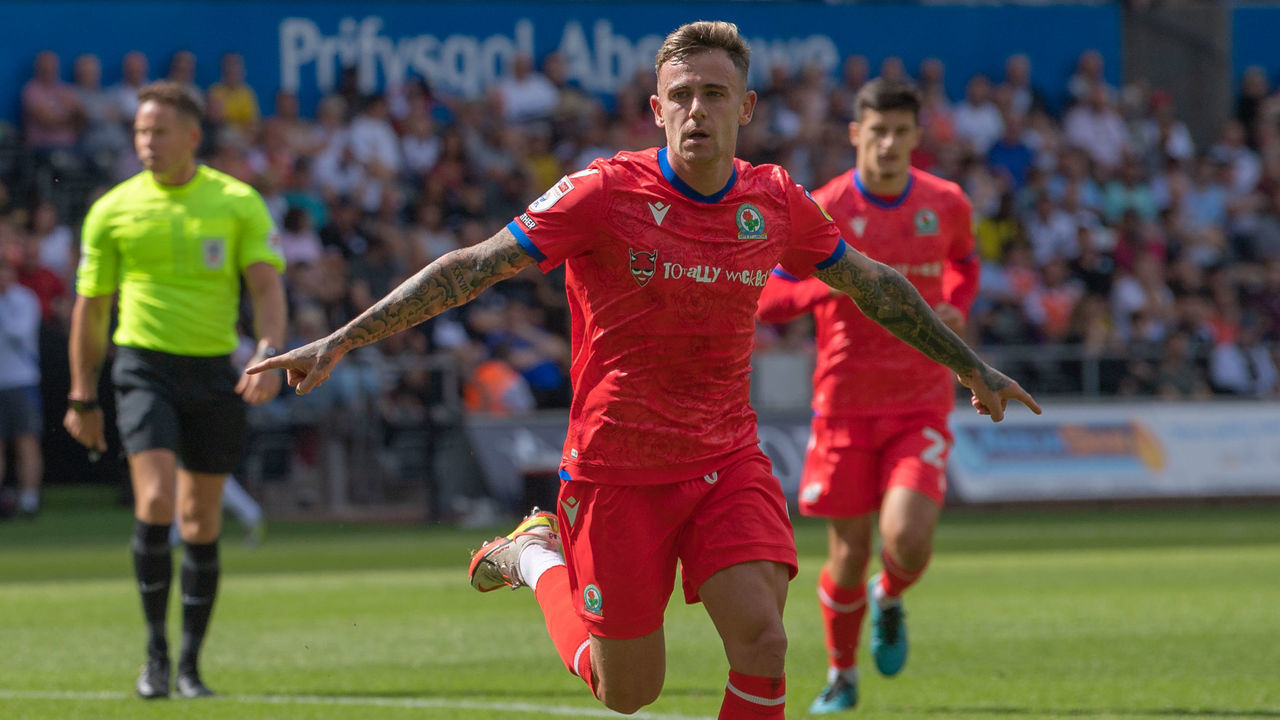 SWANSEA, WALES - AUGUST 06: Blackburn Roverss Sammie Szmodics celebrates scoring his side's first goal during the Sky Bet Championship between Swansea City and Blackburn Rovers at Liberty Stadium on August 6, 2022 in Swansea, United Kingdom.