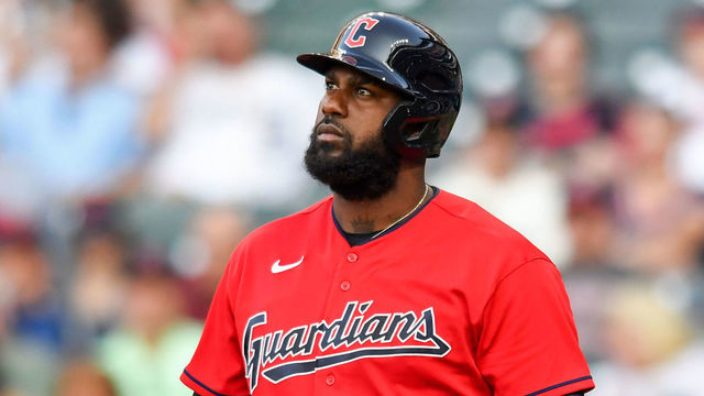 CLEVELAND, OH - JULY 14: Franmil Reyes #32 of the Cleveland Guardians reacts to striking out during the third inning against the Detroit Tigers at Progressive Field on July 14, 2022 in Cleveland, Ohio.