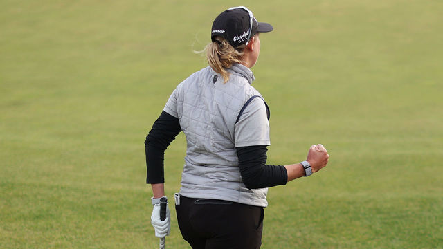 GULLANE, SCOTLAND - AUGUST 06: Ashleigh Buhai of South Africa celebrates after a birdie on the seventeenth green during Day Three of the AIG Women's Open at Muirfield on August 06, 2022 in Gullane, Scotland.