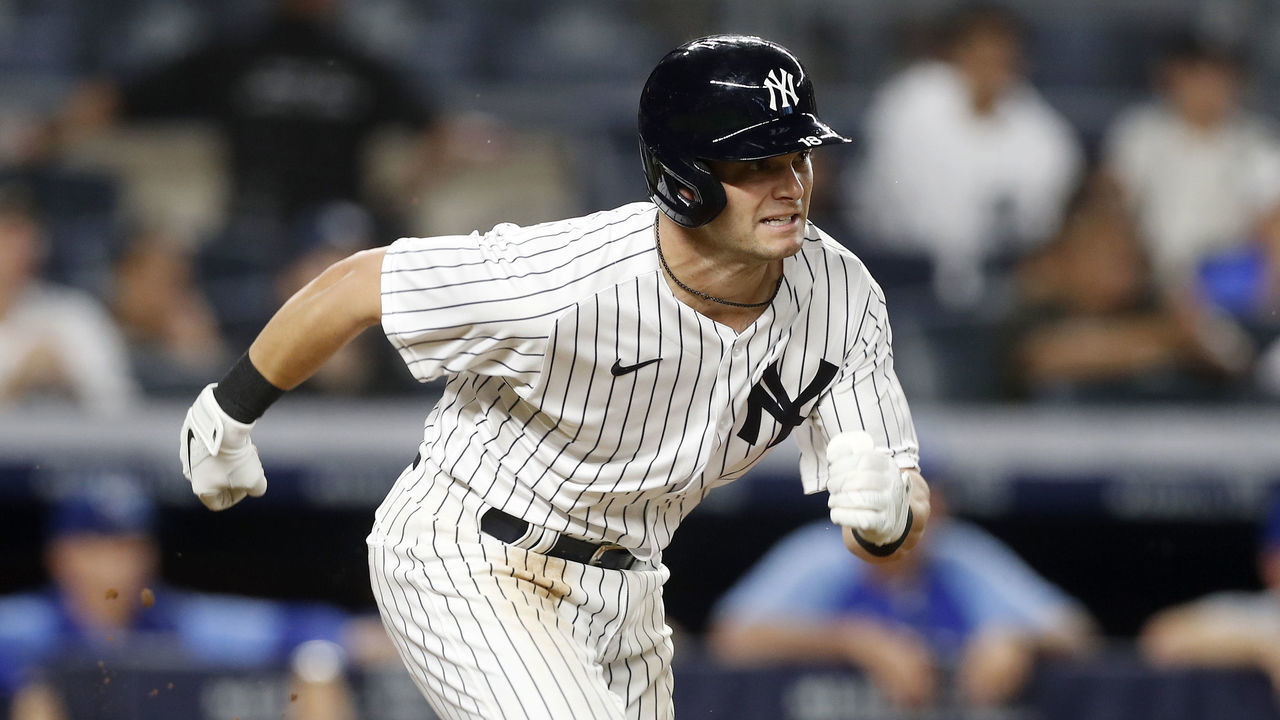 NEW YORK, NEW YORK - JULY 29: Andrew Benintendi #18 of the New York Yankees runs out his eighth inning RBI infield single against the Kansas City Royals at Yankee Stadium on July 29, 2022 in New York City.