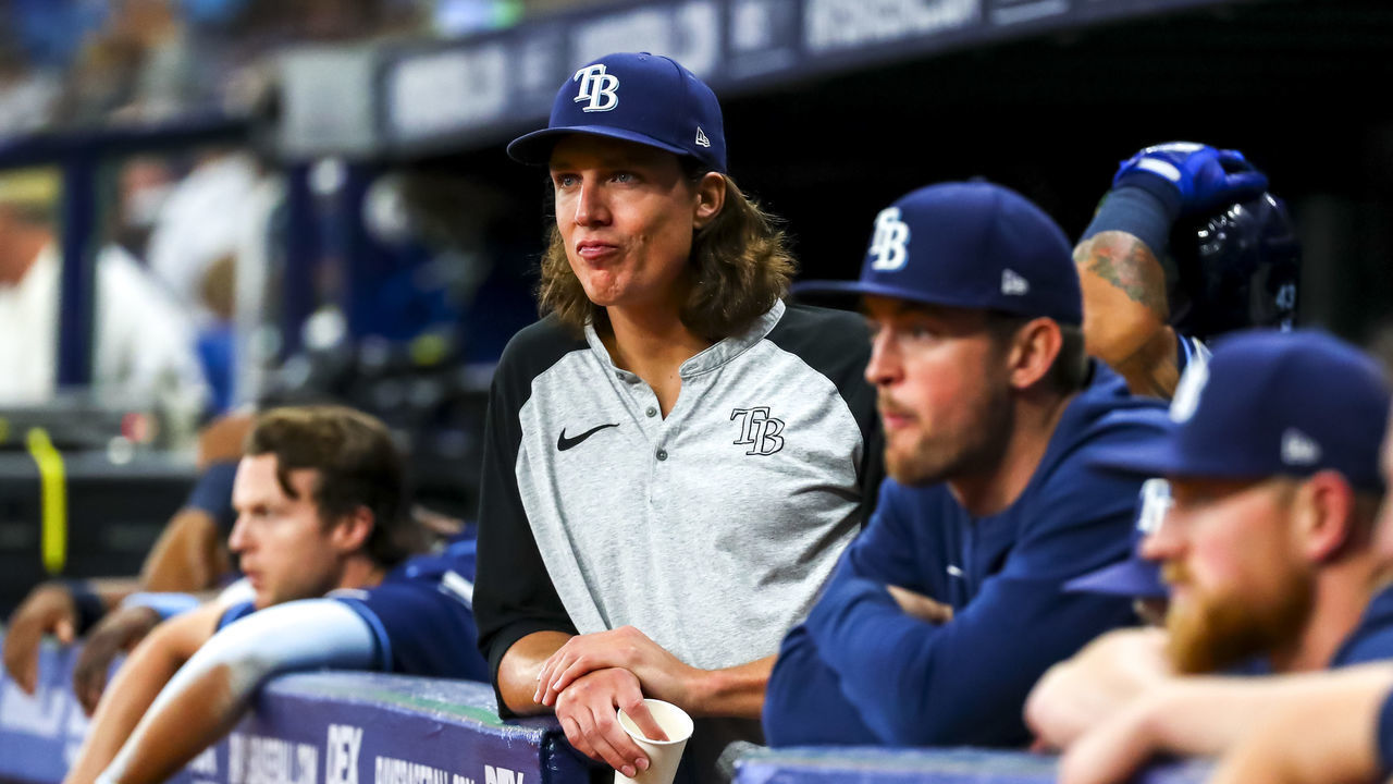 ST PETERSBURG, FL - JUNE 20: Tyler Glasnow #20 of the Tampa Bay Rays looks on from the dugout during the game between the New York Yankees and the Tampa Bay Rays at Tropicana Field on June 20, 2022 in St Petersburg, Florida.