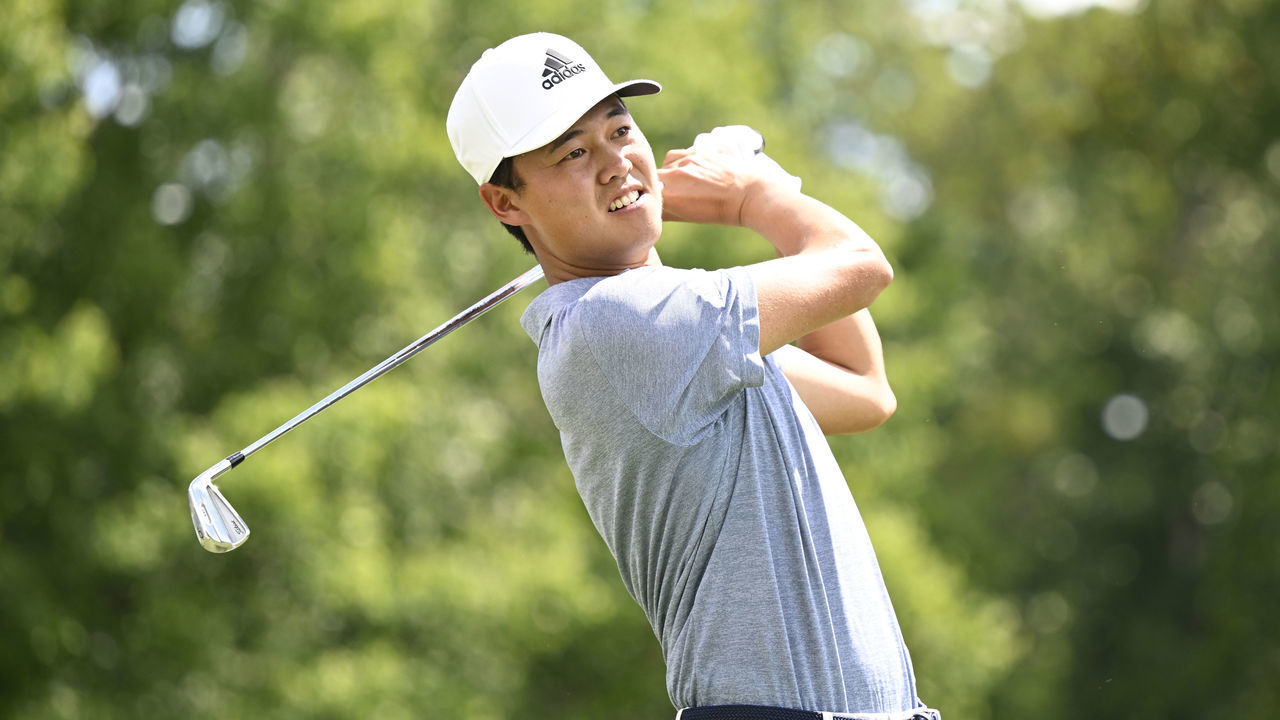 GREENSBORO, NORTH CAROLINA - AUGUST 06: Brandon Wu of the United States plays his shot from the seventh tee during the third round of the Wyndham Championship at Sedgefield Country Club on August 06, 2022 in Greensboro, North Carolina.