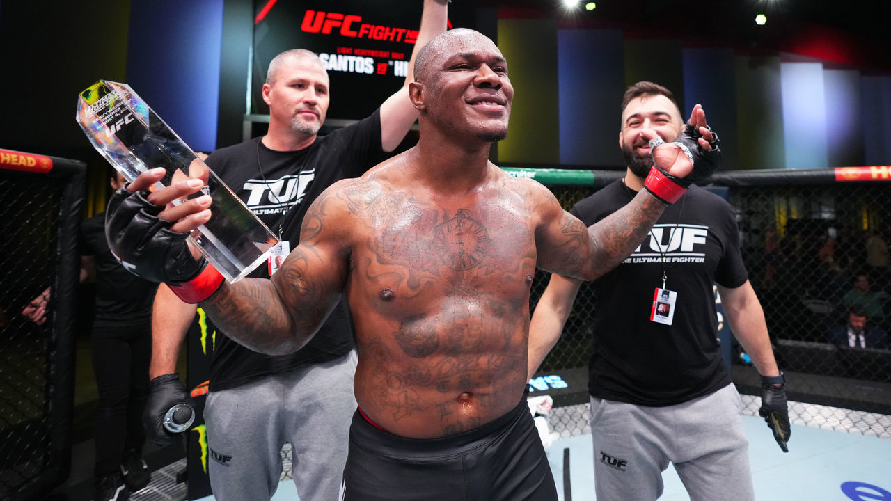 LAS VEGAS, NEVADA - AUGUST 06: Mohammed Usman of Nigeria reacts after his knockout victory over Zac Pauga in a heavyweight fight during the UFC Fight Night event at UFC APEX on August 06, 2022 in Las Vegas, Nevada.
