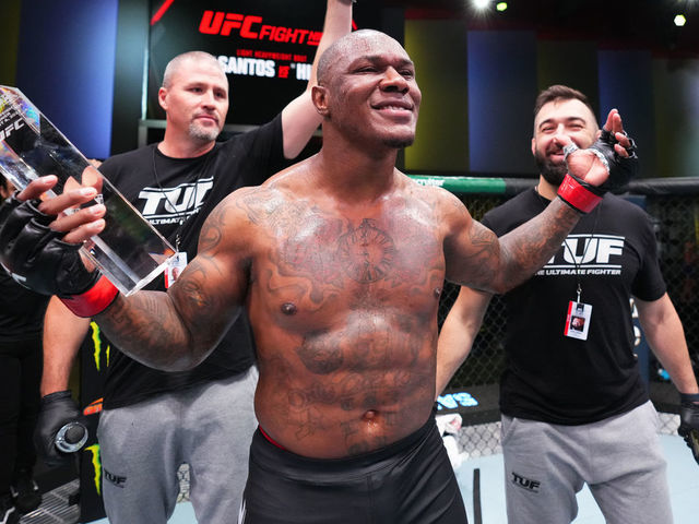 LAS VEGAS, NEVADA - AUGUST 06: Mohammed Usman of Nigeria reacts after his knockout victory over Zac Pauga in a heavyweight fight during the UFC Fight Night event at UFC APEX on August 06, 2022 in Las Vegas, Nevada.