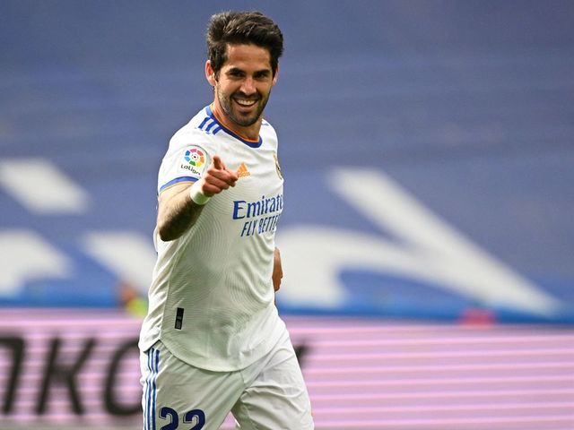 Real Madrid's Spanish midfielder Isco celebrates during the Spanish League football match between Real Madrid CF and RCD Espanyol at the Santiago Bernabeu stadium in Madrid on April 30, 2022.
