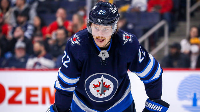 WINNIPEG, MB - APRIL 29: Mason Appleton #22 of the Winnipeg Jets prepares for a third period face-off against the Calgary Flames at Canada Life Centre on April 29, 2022 in Winnipeg, Manitoba, Canada.