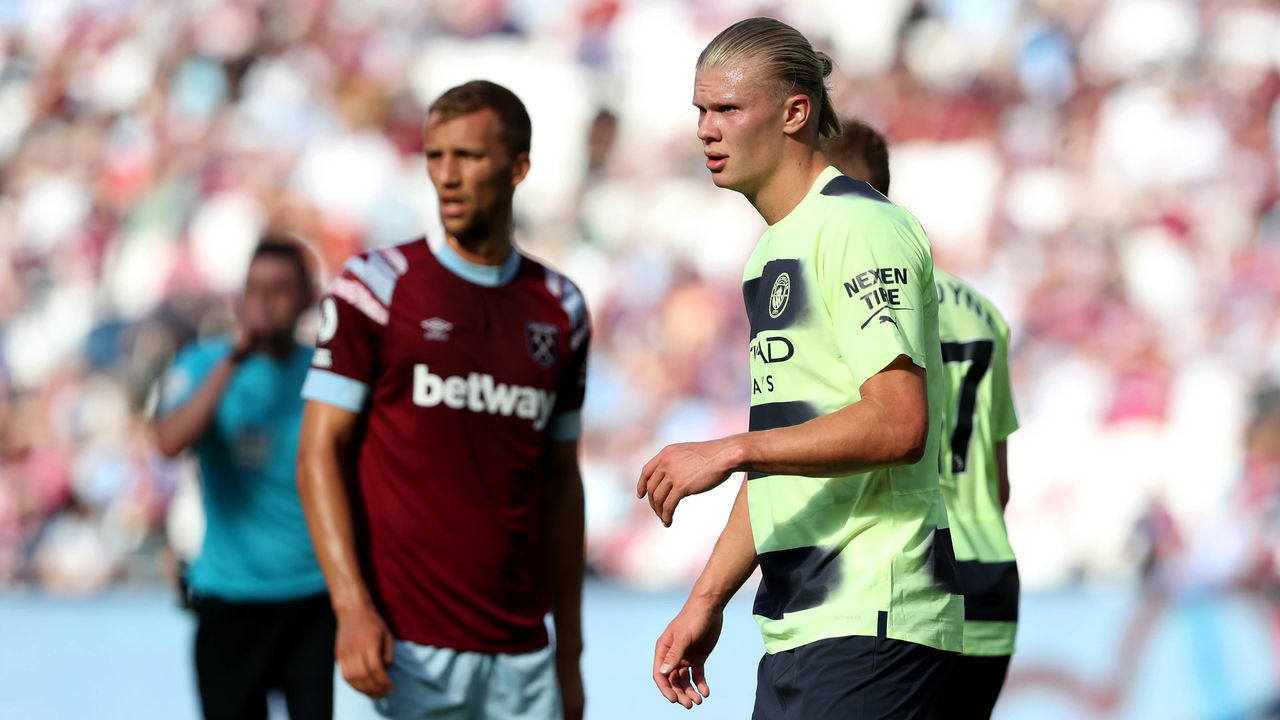 Manchester City's Erling Haaland (right) during the Premier League match at the London Stadium. Picture date: Sunday August 7, 2022.
