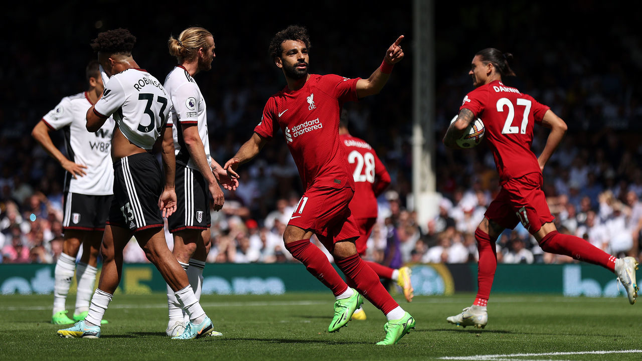 LONDON, ENGLAND - AUGUST 06: Mohamed Salah of Liverpool celebrates scoring their side's second goal during the Premier League match between Fulham FC and Liverpool FC at Craven Cottage on August 06, 2022 in London, England.
