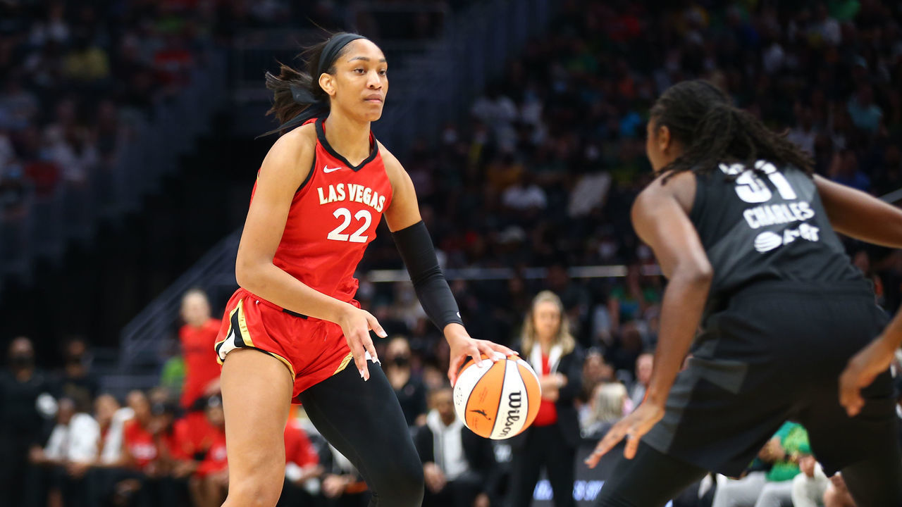 SEATTLE, WA - AUGUST 7: A'ja Wilson #22 of the Las Vegas Aces dribbles the ball during the game against the Seattle Storm on August 7, 2022 at the Climate Pledge Arena in Seattle, Washington. Mandatory Copyright Notice: Copyright 2022 NBAE