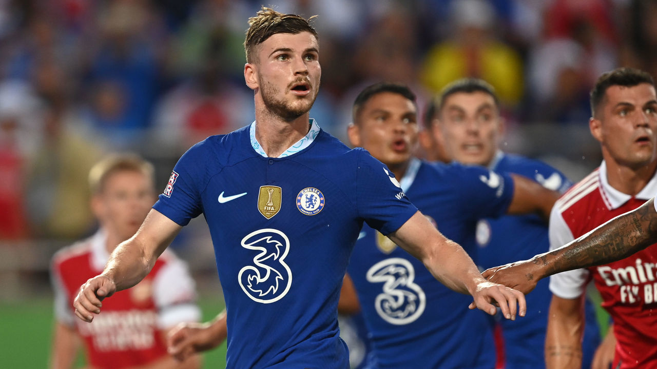 ORLANDO, FLORIDA - JULY 23: Timo Werner of Chelsea looks on during the Florida Cup match between Chelsea and Arsenal at Camping World Stadium on July 23, 2022 in Orlando, Florida.