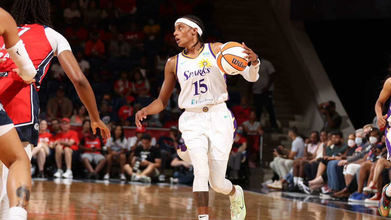 WASHINGTON, DC - AUGUST 7: Brittney Sykes #15 of the Los Angeles Sparks dribbles the ball during the game against the Washington Mystics on August 7, 2022 at Entertainment & Sports Arena in Washington, DC. Mandatory Copyright Notice: Copyright 2022 NBAE