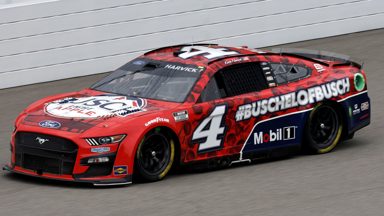 BROOKLYN, MICHIGAN - AUGUST 07: Kevin Harvick, driver of the #4 Busch Light Apple #BuschelOfBusch Ford, drives during the NASCAR Cup Series FireKeepers Casino 400 at Michigan International Speedway on August 07, 2022 in Brooklyn, Michigan.