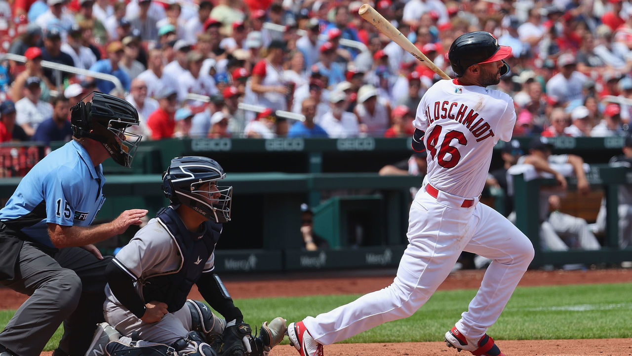 ST LOUIS, MO - AUGUST 07: Paul Goldschmidt #46 of the St. Louis Cardinals hits an RBI sacrifice fly ball against the New York Yankees in the second inning at Busch Stadium on August 7, 2022 in St Louis, Missouri.
