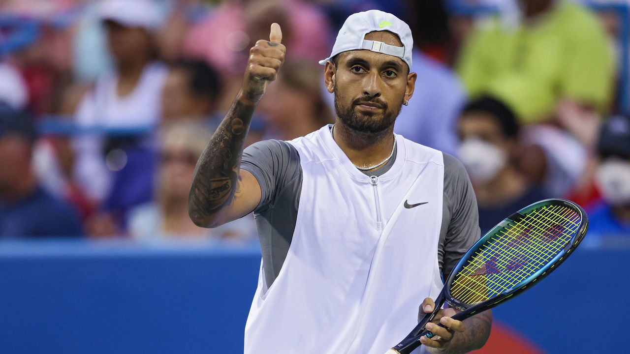 WASHINGTON, DC - AUGUST 06: Nick Kyrgios of Australia celebrates against Mikael Ymer of Sweden in the Men's Semifinal during Day 8 of the Citi Open at Rock Creek Tennis Center on August 6, 2022 in Washington, DC.