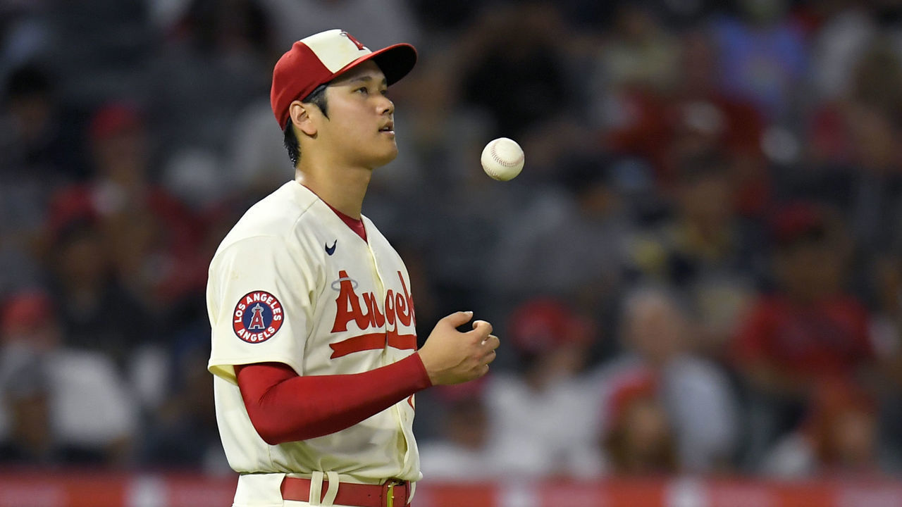 ANAHEIM, CA - AUGUST 03: Shohei Ohtani #17 of the Los Angeles Angels walks to the mound before being taken out of the game against the Oakland Athletics in the sixth inning at Angel Stadium of Anaheim on August 3, 2022 in Anaheim, California.